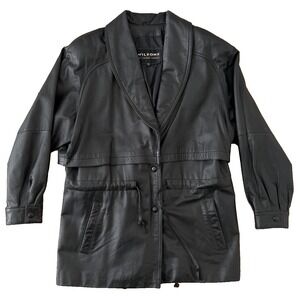 Vintage 90s Black Genuine‎ Leather Oversized Coat Minimalist Grunge Moto M